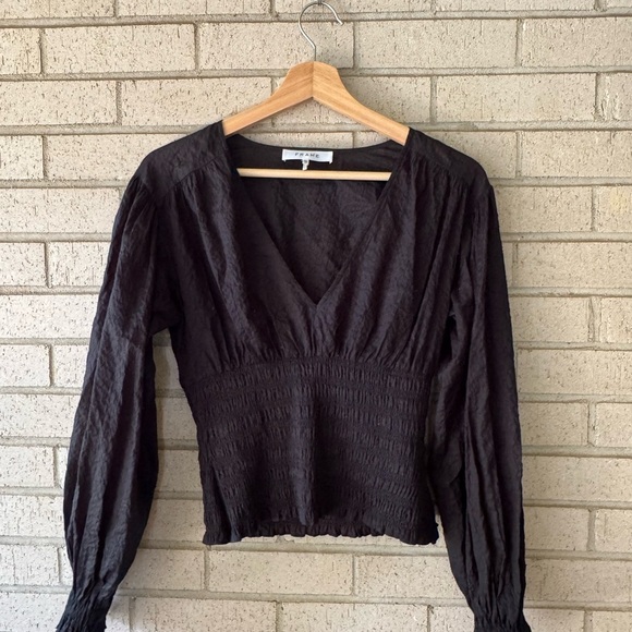 Frame black smocked V neck long blouson puff sleeves blouse top size small - Picture 4 of 7